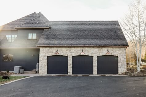 When The Garage Becomes A Highlight of Your Home's Exterior - Chris Loves Julia Plain Garage Doors, Overgrouted Stone Exterior, Designer Doors, Custom Garage Doors, Garage Exterior, Garage Door Design, Bg Design, Exterior Renovation, Chris Loves Julia