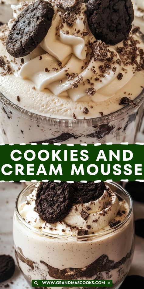 Treat yourself to this decadent Cookies and Cream Mousse! With velvety mousse and a hint of crunch from Oreo cookies, it’s the dessert that everyone will be talking about. Desserts With Marshmallow Creme, Soft Desserts After Dental Surgery, Oreo Mousse Recipes, Heavy Cream Recipes Dessert Simple, Moose Desert, Oreo Mousse Cake, Cookies And Cream Mousse, Cookies And Cream Dessert, White Chocolate Mousse Recipe