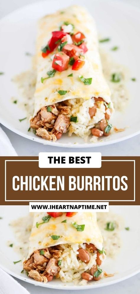 These chicken burritos are made with crispy flour tortillas filled with shredded honey lime chicken, cilantro lime rice, pinto beans and melted cheese. Then topped with a creamy salsa verde sauce. Cilantro Lime Chicken Burritos, Chicken And Cilantro Lime Rice, Mexican Chicken Burritos, Crispy Flour Tortillas, Rice And Bean Burrito, Chicken Cilantro Lime, Salsa Verde Sauce, Creamy Salsa Verde, Bacon Rice