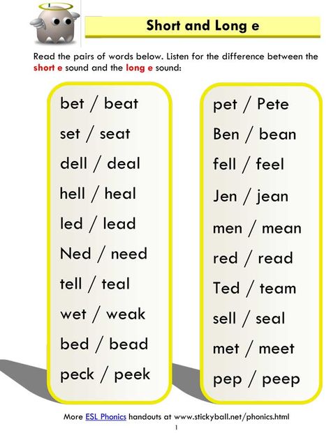 Short and Long e - Word List - Short Vowel E Words, Long E Sound Words, Ee And Ea Worksheets, Esl Phonics, Short E Sound, Long E Words, Short And Long Vowels, Short E Words, Cvcc Words