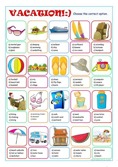 Vacation Multiple Choice - English ESL Worksheets Grade 6 Worksheets, Reading Beginners, Community Event Ideas, Holiday Worksheets, Summer Courses, Vacation Activities, English Worksheets For Kids, Kids Vacation, Activities Worksheet