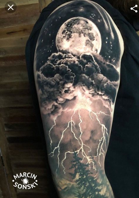 Night Sky Tattoos, Natur Tattoo Arm, Storm Tattoo, Image Zen, Sky Tattoos, Full Moon Tattoo, Lightning Tattoo, Tattoo Background, Mens Shoulder Tattoo