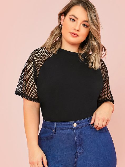 Plus Fishnet Mesh Raglan Sleeve Solid Top | SHEIN USA Shirts Shein, Sporty Shorts, Celebrity Trends, Plus Size Black, Plus Size Shorts, Curvy Outfits, Solid Tops, Sheer Sleeves, Top Women