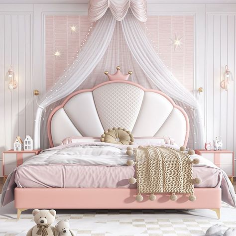 Modern Crown-Shaped Headboard Bed Frame King & Queen Princess Standard Bed with Mattress - Kids Bed Pink California King Carriage Bed, Headboard Bed Frame, King Queen Princess, Red Bed, Bed With Mattress, Bed Frame King, Bunk Bed Loft, Headboard Bed