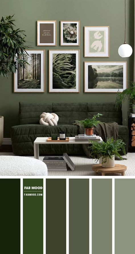 Colour Platette For Living Room, Green Wall Pallet Color Palettes, Green Shades Interior Design, Green As A Neutral, Mossy Green Living Room, Deep Green Living Room Colour Palettes, Green Natural Living Room Ideas, Living Room Forest Theme, Living Room Color Themes