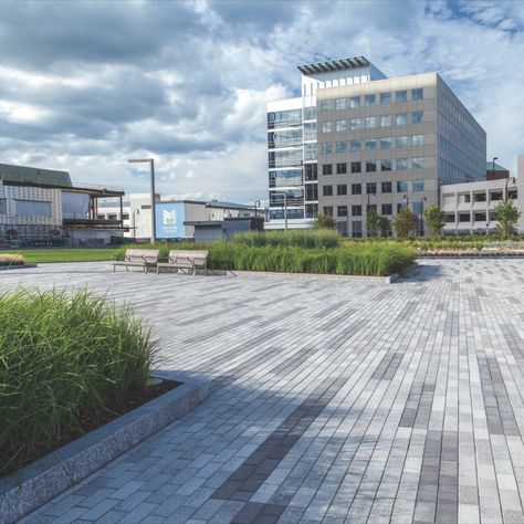 CitySquare is a multi-phase project in the heart of downtown Worcester. On top of the underground parking and in the center of the development project, Arrowstreet and CBA Landscape Architects have designed a park that will draw people into downtown and activate the area with art installations and events. Umbriano® was chosen in a custom 4” x 8” shape in the French Grey and Winter Marvel Colors with the added feature of EasyClean™ ensuring the area will be easier to maintain.
#parks #urbandesign Paved Patio Ideas, Paved Garden Ideas, Landscaping Sidewalk, Sidewalk Landscape, Paved Garden, Pedestrian Plaza, Concrete Pavers Walkway, Pavers Walkway, Sidewalk Landscaping