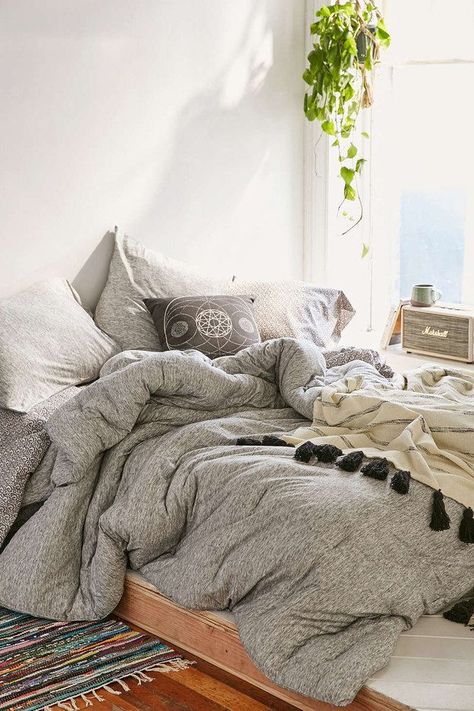 This jersey comforter that feels like a soft tee for your entire body—$169 | 19 Insanely Cozy Accessories That Will Make You Never Want To Leave Your Bed: Unmade Bed, Boho Dorm Room, Boho Dorm, Blankets And Pillows, Decor Ikea, Dream Bedroom, Cozy Bed, My New Room, Cozy Bedroom