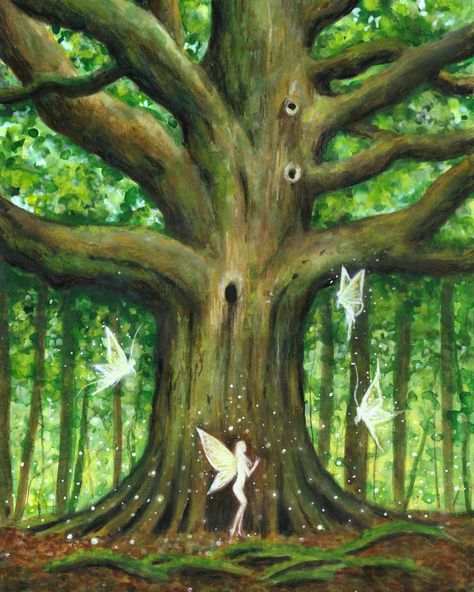 Fairy Tree Painting, Mythical Forest Drawing, Enchanted Forest Drawing Easy, Fairy Tree Drawing, Forest Fairy Painting, Magical Tree Drawing, Fairy World Drawing, Magical Forest Drawing, Painting Ideas Forest