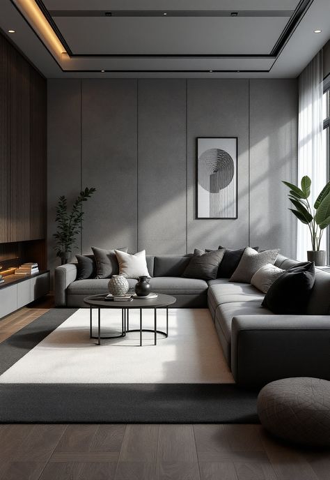 Dark Grey Couch Living Room Ideas Grey Couch Neutral Living Room, Grey Couch Wall Color Ideas, Grey Aesthetic Living Room, Living Room Grey Couch Modern, Dark Minimalist Living Room, Cozy Grey Couch, Grey Couch Living Room Ideas, Dark Grey Couch, Dark Grey Couch Living Room