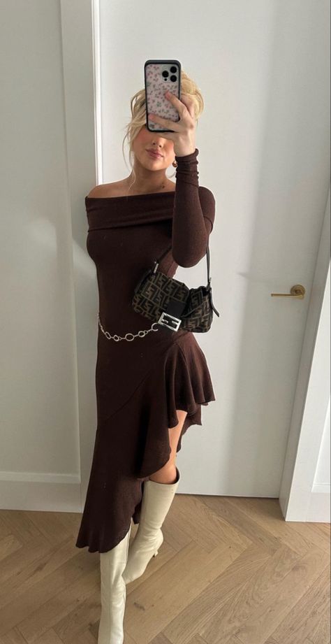 Fall Knit Dress Outfit, Fall 2024 Dress Trends, Sopha Dopha Outfits, Brown Knit Dress Outfit, Long Dress Fall Outfit, Brown Set Outfit, Brown Maxi Dress Outfit, Symphony Outfit, Brown Leather Outfit