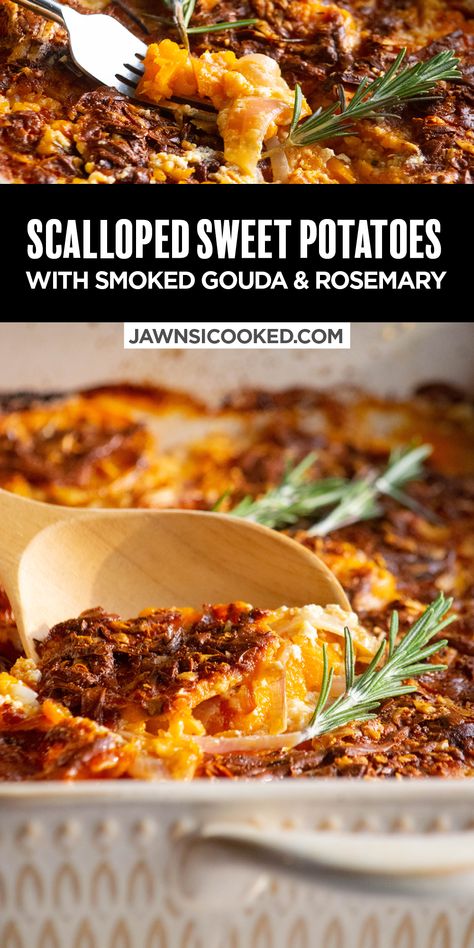 Smoked Gouda Sweet Potato, Sweet Potatoes For Thanksgiving Dinner, Smoked Gouda Potatoes, Sweet Potato Smashed Potatoes, Sweet Potato With Goat Cheese, Sweet Potato Bacon Recipes, Twice Baked Sweet Potatoes Savory, Sweet Potato Christmas Recipes, Savory Sweet Potatoes Recipes