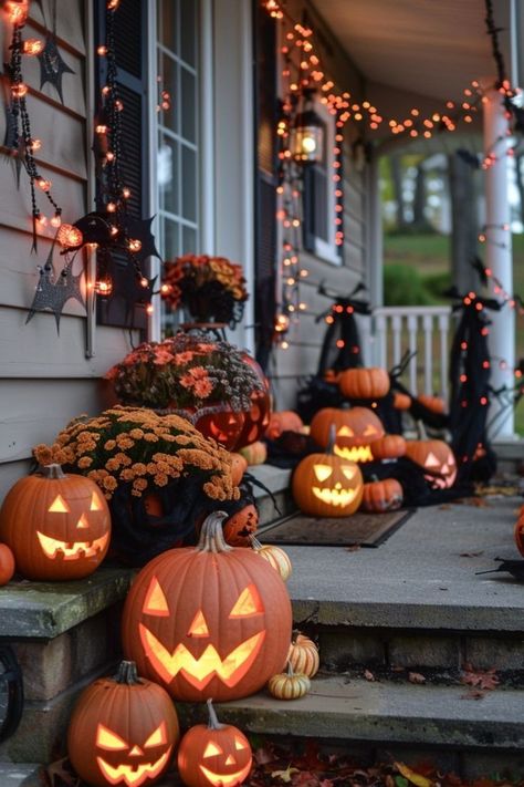 Porch Goals, Porche Halloween, Halloween Outside, Porch Pumpkins, Casa Halloween, Halloween Front Porch Decor, Halloween Porch Decorations, Fall Front Porch Decor, Halloween Front Porch