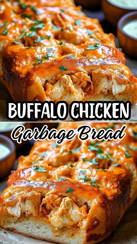 Buffalo Chicken Garbage Bread Buffalo Food Recipes, Buffalo Chicken Breadsticks, Buffalo Chicken Dip Dinner, Buffalo Chicken French Bread, Buffalo Chicken Bread Loaf, Buffalo Chicken Stuffed Bread, Buffalo Chicken Garlic Bread, Buffalo Chicken French Bread Pizza, Buffalo Chicken Pull Apart Bread