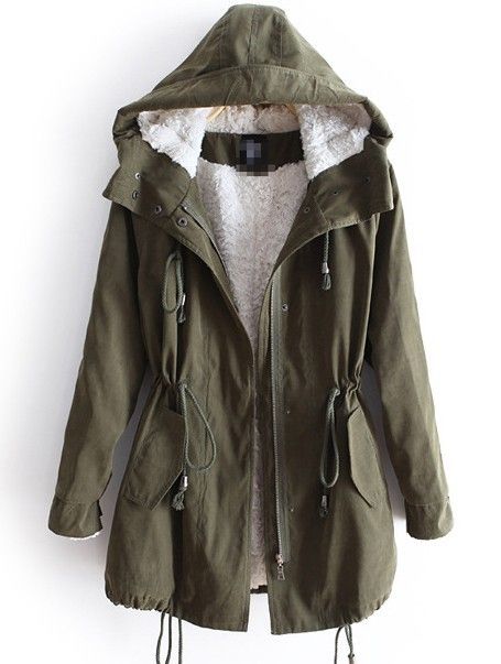 Green Hooded Long Sleeve Drawstring Pockets Fleece Coat #cutewintercoats Drawstring Coat, Outfit Essentials, Parka Women, Fleece Coat, Winter Jackets Women, Parka Jacket, Mode Inspiration, Long Sleeve Lace, Canada Goose