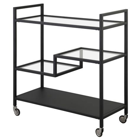 Ebern Designs Zisha Metal Bar Cart | Wayfair Metal Bar Cart, Rolling Bar Cart, Glass Table Top, Entertaining Space, Contemporary Bar, Glass Top Table, Metal Shelves, Entertainment Space, Decor Furniture