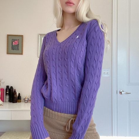 Purple Knit Sweater Outfit, Ralph Lauren Sweater Outfit, Purple Sweater Outfit, Jumper Aesthetic, Ralph Lauren Jumper, Knit Sweater Outfit, Ralph Lauren Sport, Purple Sweater, Ralph Lauren Sweater