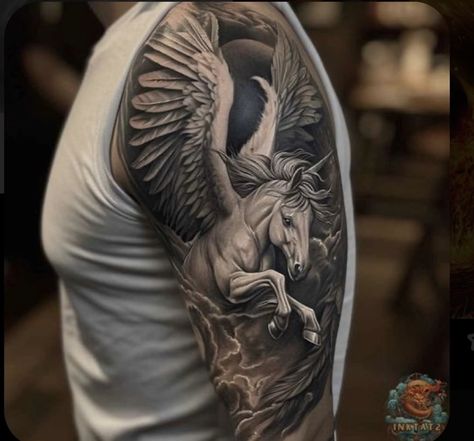 Pegasus Tattoo Design, Pegasus Tattoos, Horse With Wings, Pegasus Tattoo, Tattoo Espalda, Gorgon Medusa, Horse Tattoo Design, Sea God, Beautiful Feathers