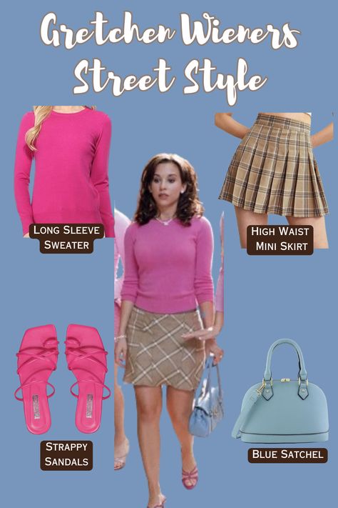 Gretchen Wieners Mean Girls outfit inspiration: Pink strappy sandals, high-waisted mini skirt, and a cozy long-sleeve sweater. Pretty in pink perfection! 💖 #MeanGirlsFashion #GretchenWienersStyle #PinkEnsemble #StrappySandals Grechen Mean Girls Outfit, Gretchen Wieners Aesthetic, Mean Girls Musical Outfits, Mean Girls Outfits Inspiration Pink, Gretchen Wieners Outfit, Musical Outfits Going To A, Gretchen Mean Girls Outfits, Gretchen Outfits, Gretchen Weiners Outfit