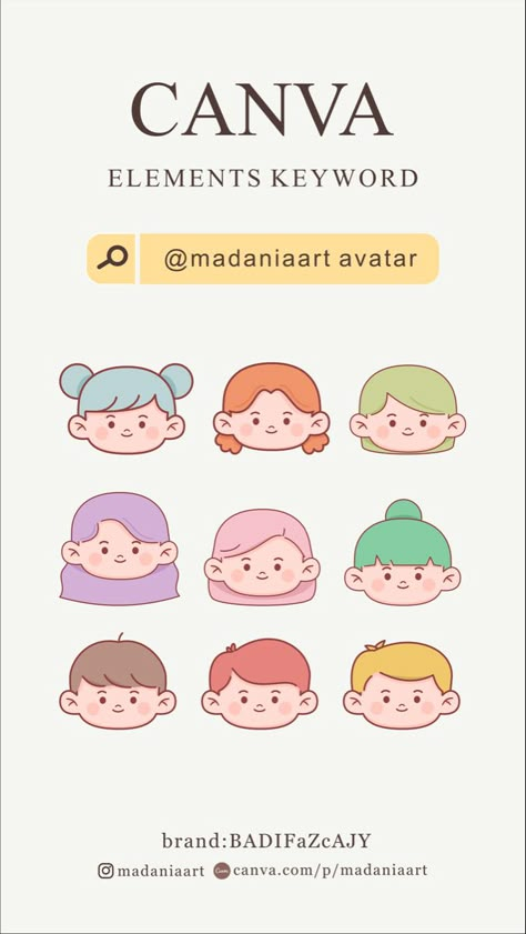 Canva elements keywords for kids avatar. Element related to kid, child, children, childhood, kids, school, girl, character. You can make any design with your chosen element. Find them on Canva! Click on the picture to get the elements! Copy & paste in Canva Search for more ELEMENTS FROM ME: artist:madaniaart || Canva Keyword, Canva Element Keywords, Canva Element Ideas, Canva Keywords, Kids, Children, Girl, Student, Avatar Canva Avatar Element, Canva Character Element, Canva Elements Keyword School, Canva Characters, Avatar Graphic Design, Canva Logo Ideas, Canva Cute Elements, Cute Canva Elements, Element Keywords Canva