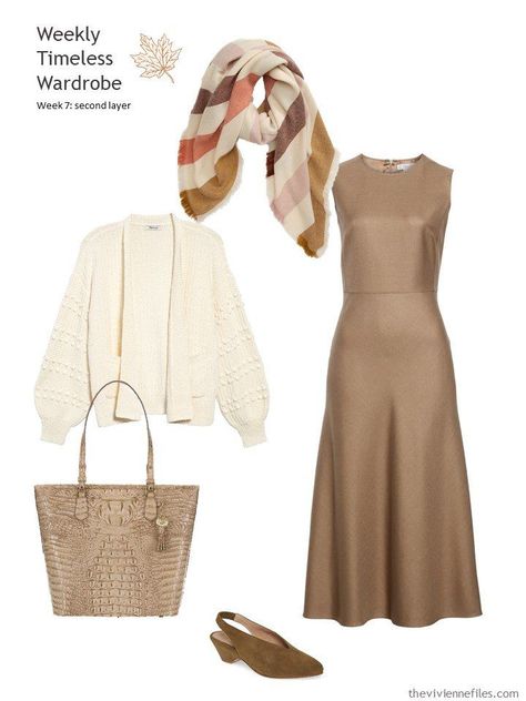 5. camel dress with ivory cardigan Tan Dress Outfit, Maxi Dress Outfit Fall, Tan Tights, Capsule Dressing, Camel Dress, The Vivienne Files, Vivienne Files, Taupe Dress, Ivory Cardigan