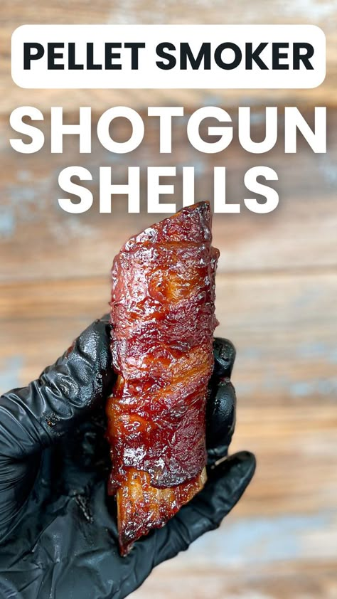 Gloved hand holding pellet grill smoked shotgun shell appetizer. Stuff Pasta Shells, Shotgun Shells Recipe, Smoked Shotgun Shells, Smoked Bbq, Shells Recipe, Pellet Smoker, Wrapped In Bacon, Pasta Shells, Barbeque Sauce