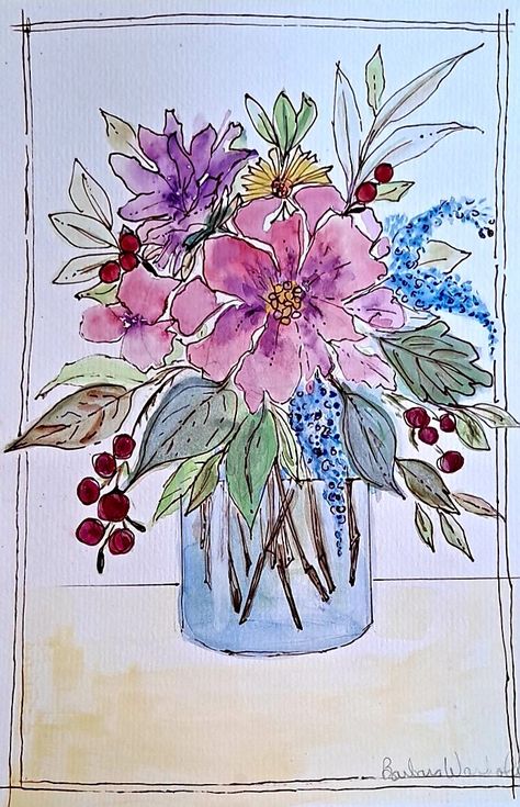 Watercolour And Pen Art Flowers, Watercolour And Pen Flowers, Watercolor Art With Pen, Watercolor And Pen Art Illustrations, Pen And Ink Watercolor Paintings, Pen And Watercolor Flowers, Pen And Ink Drawings With Watercolor, Watercolour And Pen Art, Pen And Watercolor Art