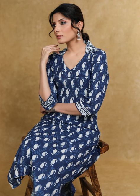 Indigo Kurti Designs, Indigo Kurta, Collar Kurti Design, Latest Designer Kurtis, Collar Kurti, Designer Kurtis Online, Salwar Neck Designs, Dress Models, Kurti Pant