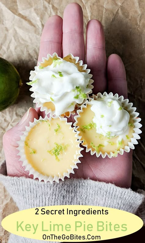 These cute mini key lime pie bites are a tangy dessert recipe.  Made with a graham cracker crust and a few simple ingredients.  Ready in under 30 minutes.  Use bottled key lime juice or fresh squeezed limes, sweetened condensed milk and eggs plus 2 secret ingredients that will bring this key lime pie recipe over the top.  OnTheGoBites.Com #summerdesserts #keylimepie Key Lime Pie Bites Mini, Recipes Using Key Lime Juice, Mini Key Lime Pie Bites, Key Lime Juice Recipes, Key Lime Bites, Mini Key Lime Pie, Key Lime Pie Bites, Lime Juice Recipes, Key Lime Recipes