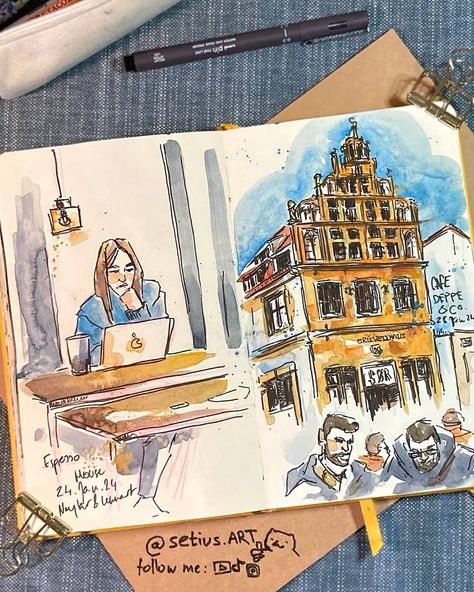 Take a look into my yellow travel and urban sketchbook! Can you guess the places? Page 37 Sketchbook Inspo Page, Urban Sketchbook, Watercolour Journal, Sketching Inspiration, A Level Art Sketchbook, My Yellow, Travel Sketchbook, Urban Sketch, Watercolor Journal