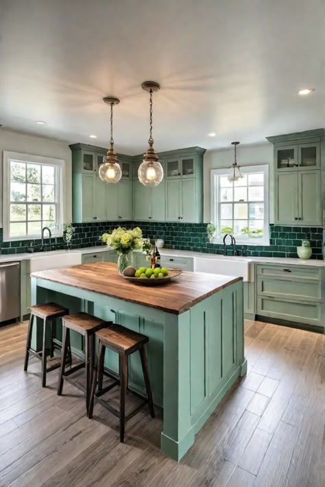 A tranquil coastal kitchen with soft green shakerstyle cabinets a classic subway Turquoise Green Kitchen Cabinets, Seafoam Green Cabinets, Seafoam Green Kitchen Backsplash, Beach Cabinets Kitchen, Mint Color Kitchen, Sea Foam Kitchen, Mint Green Kitchen Cabinets, Blue And Green Kitchen, Turquoise Kitchen Cabinets