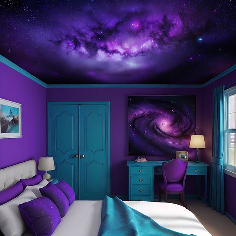 Blue And Purple Teen Girl Bedroom, Purple And Teal Bedroom, Romantic Purple Bedroom, Purple And Blue Room, Bedroom Digital Art, Blue And Purple Bedroom, Eclectic Bedroom Furniture, Galaxy Bedroom, Boys Room Blue