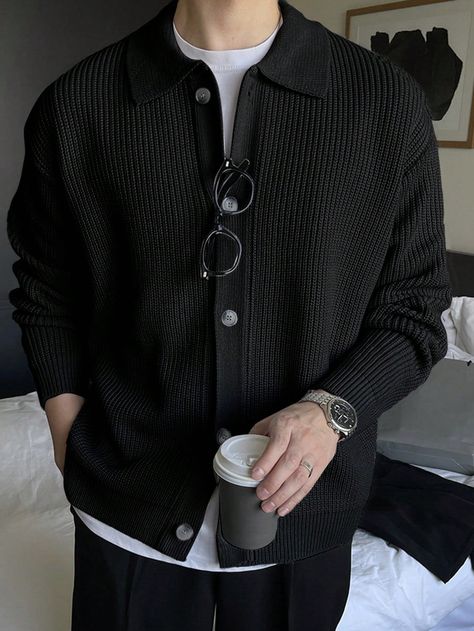 Men's Button-down Collar Cardigan Black Casual  Wrist-Length Sleeve Knitwear Plain  Slight Stretch  Men Clothing, size features are:Bust: ,Length: ,Sleeve Length: