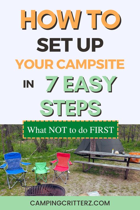 How to set up your campsite in 7 easy steps. tents set up in a campsite. CampingCritterz.com Easy Camp Set Up, Tent Camp Site Set Up Ideas, Camping Setup Ideas Campsite, Campsite Setup, Camping Supply List, Must Have Camping Gear, Tent Camping Hacks, Camping For Beginners, Solo Camping