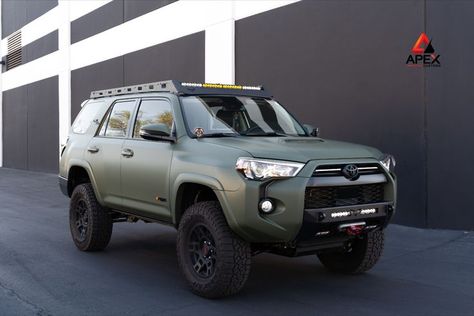 We treated this 2020 #Toyota4Runner to a full cosmetic makeover. Included paintless dent repair, front bumper repair and refinishing, and a beautiful full vinyl wrap using 3M Matte Military Green and a satin black roof!🛻🪖 Toyota 4runner Green, 4runner Wrap Ideas, 4runner Wrap, Green 4runner, Lifted 4runner, Green Toyota, 4runner Bumper, 4runner Build, Toyota Runner