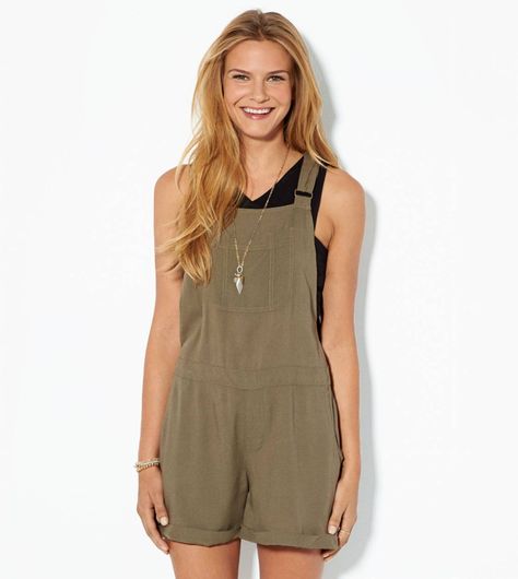 {olive} AE soft shortalls Green Overalls, Beverly Marsh, American Eagle Sweatshirt, Denim Overalls Shorts, Short Overalls, Red Pullover, American Eagle Men, Green Shorts, Mens Outfitters