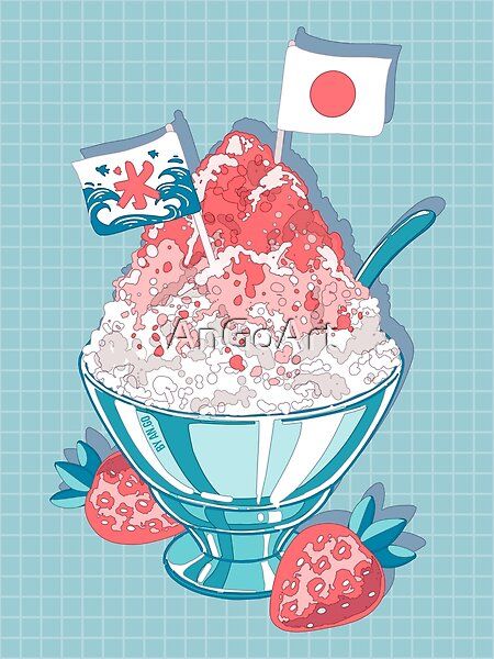 The cute design with the Japanese kakigori ice and some strawberries. A kawaii gift for those who love Japan, Japanese food and drinks, aesthetic cute drawings, anime style, and manga. Shaved Ice Drawing, Kakigori Illustration, Japanese Shaved Ice, Ice Drawing, Ice Aesthetic, Stylish Illustration, Food Stall Design, Japanese Food Illustration, Drinks Aesthetic