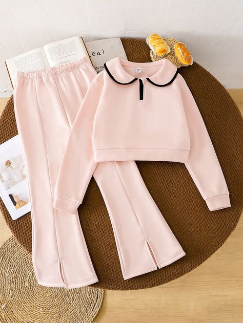 2pcs Tween Girls Pink Collared Half Zip Jacket And Flared Sweatpants Casual Set Pink   Long Sleeve Polyester,Knitted Fabric Plain  Slight Stretch  Tween Girls Clothing, size features are:Bust: ,Length: ,Sleeve Length: Flared Sweatpants, Sewing Kids Clothes, Half Zip Jacket, Solid Color Pants, Short Sleeve Romper, Pink Collars, Pink Long Sleeve, Long Style, Sleeved Romper