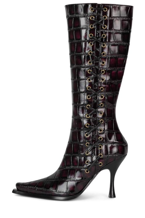 Knee-high heeled boot with lace-up detail Fits true to size Measurements taken from a size 7 3.5" Heel, 0.25" Platform 13" Shaft, 12" Leg Opening Leather Upper, Leather / Fabric Lining, Synthetic Sole Zipper closure Heel Boots Outfit, Knee High Flat Boots, Boots With Laces, Y2k Boots, Black Heeled Boots, Trendy Shoes Sneakers, Print Boots, Fancy Shoes, Stiletto Boots