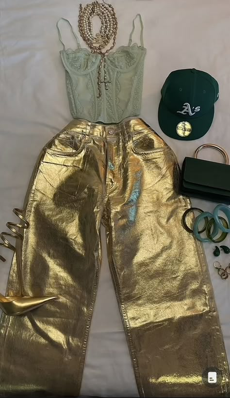 19 Bday Outfit Ideas, Birthday Outfit Ideas For Women Baddie, Cute Las Vegas Outfits, Gold Cargo Pants Outfit, 27th Birthday Outfits For Women, The Lady Archetype Aesthetic Outfits, Orange And Silver Outfit, Dance Party Outfit Night, Gold Pants Outfit Casual