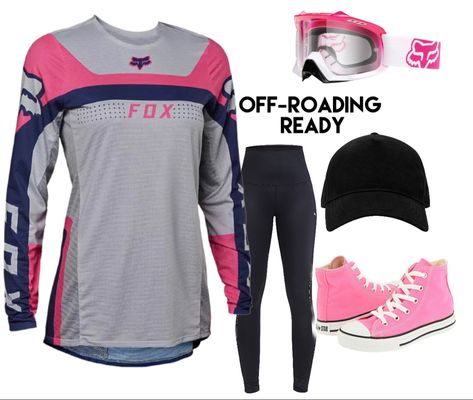 Offroading Outfit Women, Rzr Outfit Women, Off Roading Outfit For Women, Rzr Riding Outfits, Buisness Dress, Fox Jersey, Atv Riding, Pink Converse, Riding Outfit