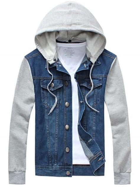 Panel Design Denim Jacket with Detachable Hood - BLUE M Jean Jacket Hoodie, Hooded Jean Jackets, Denim Jacket With Hoodie, Mens Outerwear Jacket, Denim Hoodie, Hooded Denim Jacket, Mens Fashion Rugged, Jeans Jacket, Blue Denim Jacket