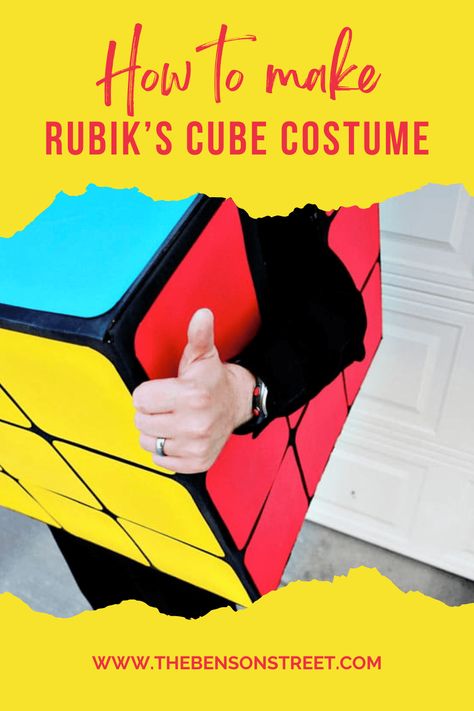 Learn how to make an easy Rubik's Cube Costume using a cardboard box, spray paint, and cardstock paper! This costume is easy but turns out so cool! Rubix Cube Halloween Costume, Rubics Cube Costume, Rubix Cube Costume Diy, Rubik’s Cube Costume, Rubix Cube Costume, Cardboard Box Costumes, Rubiks Cube Costume, Cardboard Box Costume, Halloween Movies To Watch