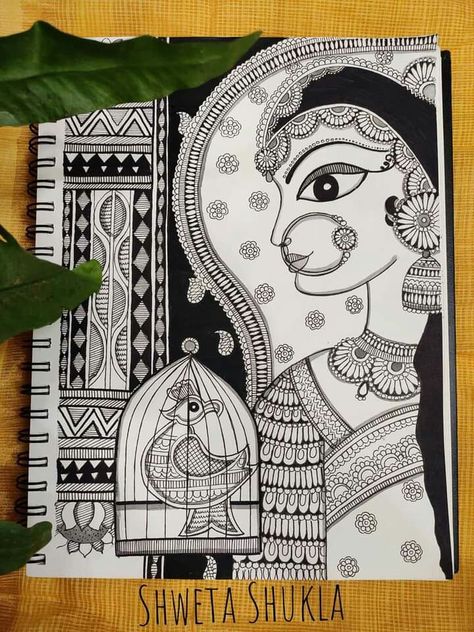 Welcome Page For Sketchbook, Madhubani Art Black And White, Mithila Art, Gond Painting, Boho Art Drawings, Mandala Art Therapy, Geometric Design Art, Mandala Art Lesson, Madhubani Art