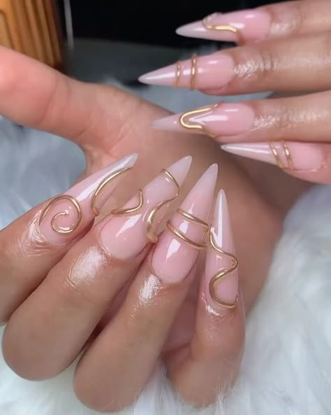 The Nail Connection on Instagram: "Gold Rings ✨✨✨  📸: @miracleonnails   Follow @thenailconnection for more nail inspo 💅🏽✨  #goldchrome #goldchromenails #nails #naildesign #nailinspiration #nailtech #nails2inspire #nailinspo #longnails #goldnails #almondnails #nudenails #nailshapes #naileditdaily #nailsdaily #valentinesnails #nailtrends #nailfie #nailsnailsnails #thenailconnection #thenailconnectionxo" Meg The Stallion Nails, Nails With Angels, Almond Point Nails, French Tips Nails With Design, Neutral Nails With Design, Almond Nails Black Women, Ring Finger Nail Art, Almond Nails Classy, Bare Nails