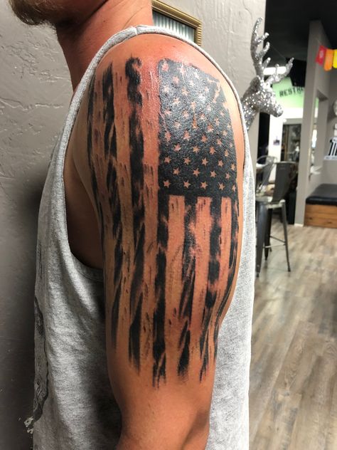 Shoulder Flag Tattoo, Tat Sleeve Men, Mens American Flag Tattoo Shoulder, Dirt Track Racing Tattoos, Patriotic Arm Tattoos For Guys, 101st Airborne Tattoo, Country Tattoo Sleeve Men, Flag Sleeve Tattoo For Men, Police Flag Tattoo