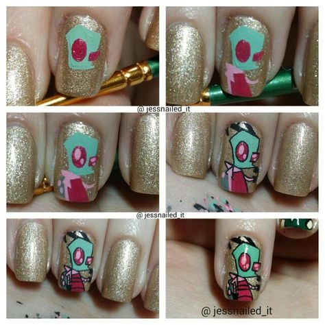 Invader Zim bail tutorial painted by @jessnailed_it on Instagram #nails #nailart #nailpolish Invader Zim Nail Art, Invader Zim Nails, Grr Invader Zim, Random Nails, Mail Inspo, Nail Tutorial, Goth Makeup, Instagram Nails, Invader Zim