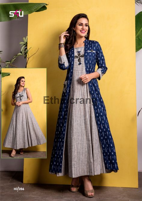 #FestiveFashion!! Consider the cool, casual trends along with festive hues, Find more ways to love yourself, and your wardrobe too with our 2-piece (long Kurti with Jacket) collection “Hello Jacket Vol-2”. #S4UbyShivali #Newlaunch #HelloJacketVol-2 #indianwear #instafashion #ethnicwear #FestiveFashion Size: M-L-XL-XXL SINGLE AVAILABEL Dispatch in 3-4 Days. Jacket Kurti, Dres Batik, Latest Kurtis, Layered Kurta, Kalamkari Dresses, Saree Kurti, Long Gown Design, Simple Kurti Designs, Wholesale Catalog