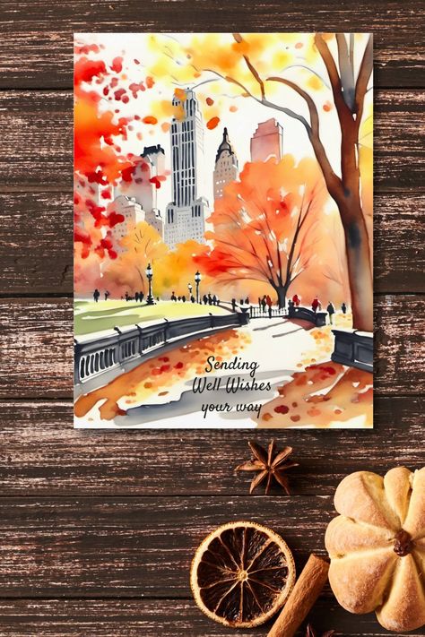 New York Central park in fall watercolor well wishes postcard warm autumn colors pathway with trees Fall New York City, New York Park, New York Central Park, Fall City, Autumn Watercolor, Watercolor City, Watercolor Architecture, Autumn In New York, Fall Bridal Shower