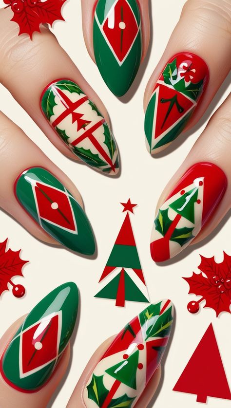 Celebrate Christmas in vintage style with these retro nail designs inspired by classic holiday décor. Fun and nostalgic! #RetroNails #Christmas2024 #VintageHoliday #FestiveNails #HolidayAesthetic Vintage Christmas Nail Designs, Retro Nails Vintage, Vintage Christmas Nails, Vintage Nails Design Retro, Retro Christmas Nails, Retro Nail Designs, Green Christmas Nail Ideas, Green Christmas Nail, Green Christmas Nails