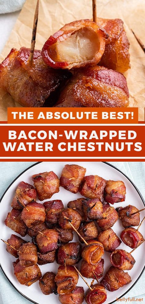 Bacon Water Chestnuts Recipe, Waterchestnut Recipes, Bruschetta Board, Bacon Wrapped Water Chestnuts, Chestnut Recipes, Bacon Appetizers, Easy Bacon, Soy Recipes, Baked Bacon